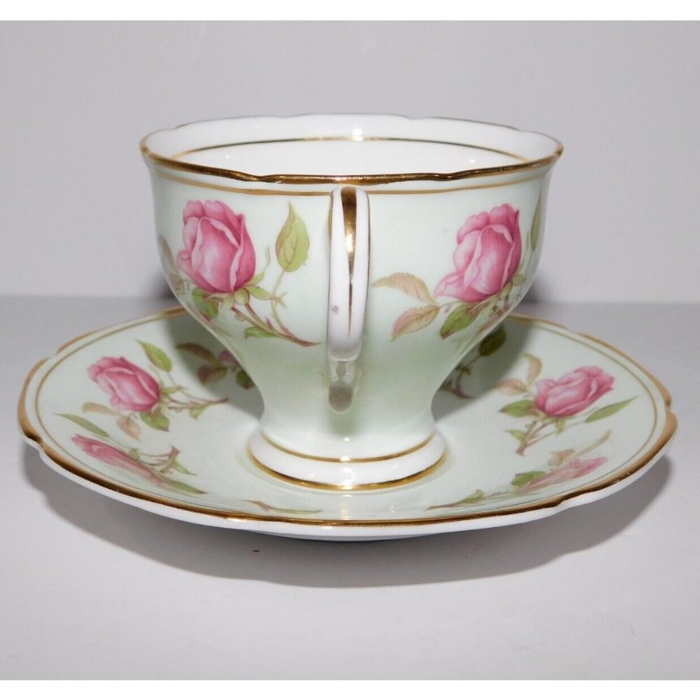VTG Paragon TeaCup & Saucer Pastel Mint Green Cabbage Rose Gold Trim Pedestal - Picture 5 of 11